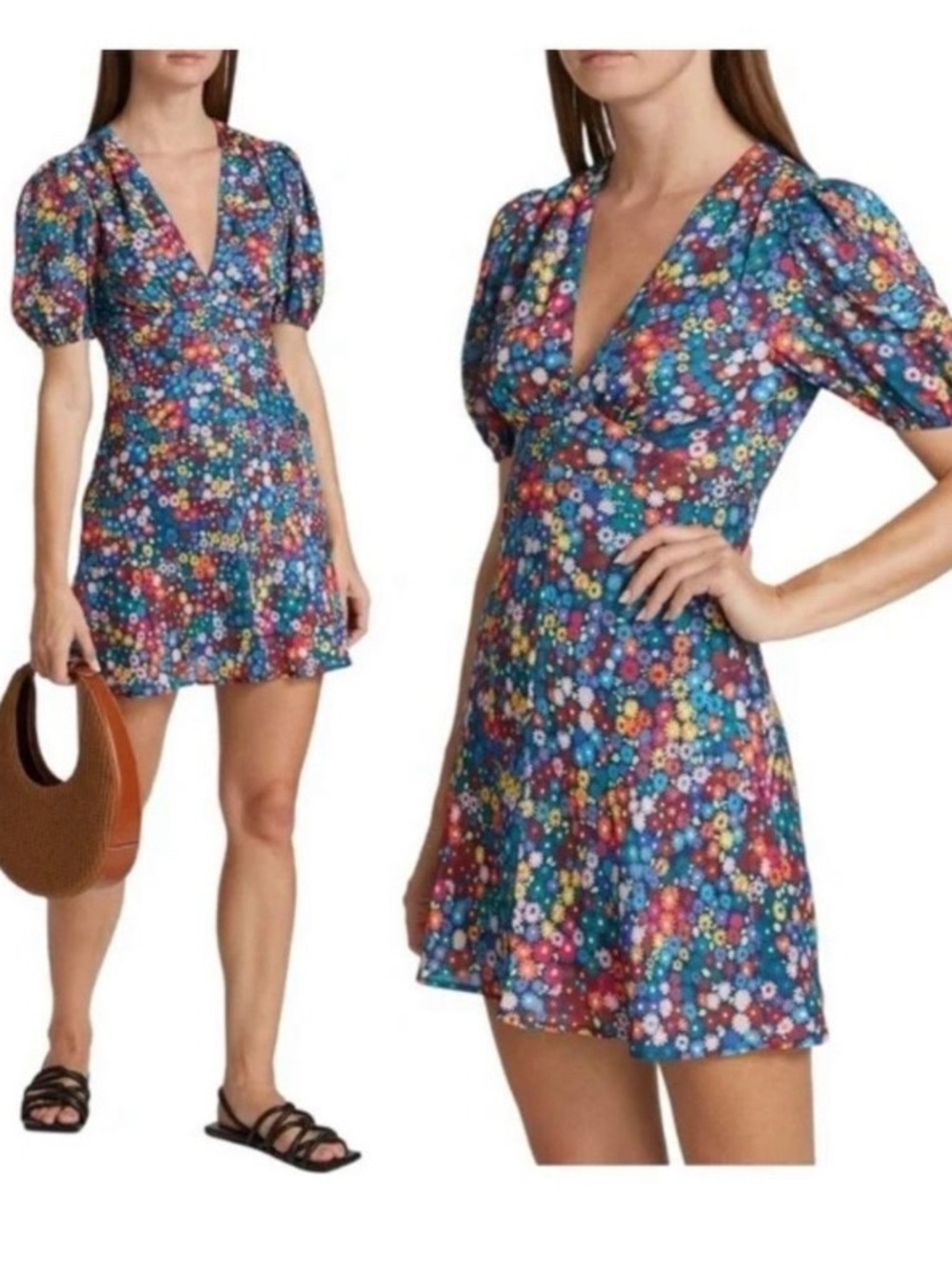 Staud Milla Floral Puff Sleeve Mini Dress in Rainbow Flower Market